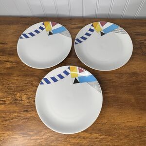 3 Vintage Thomas Germany Stripes Salad Dessert Plate Colorful Geometric MCM 7.5”